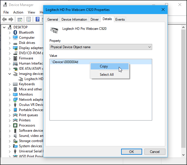 Копирование физического имени объекта устройства веб-камеры из Диспетчера устройств