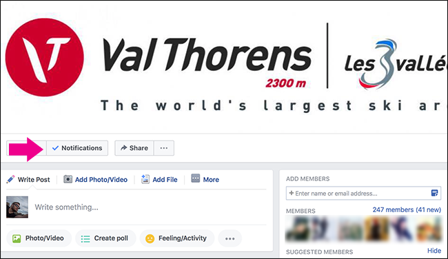 кнопка уведомлений в группе Facebook