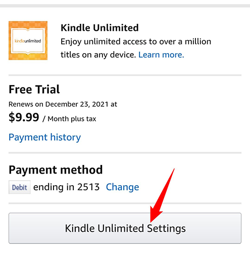Нажмите Kindle Unlimited Settings.