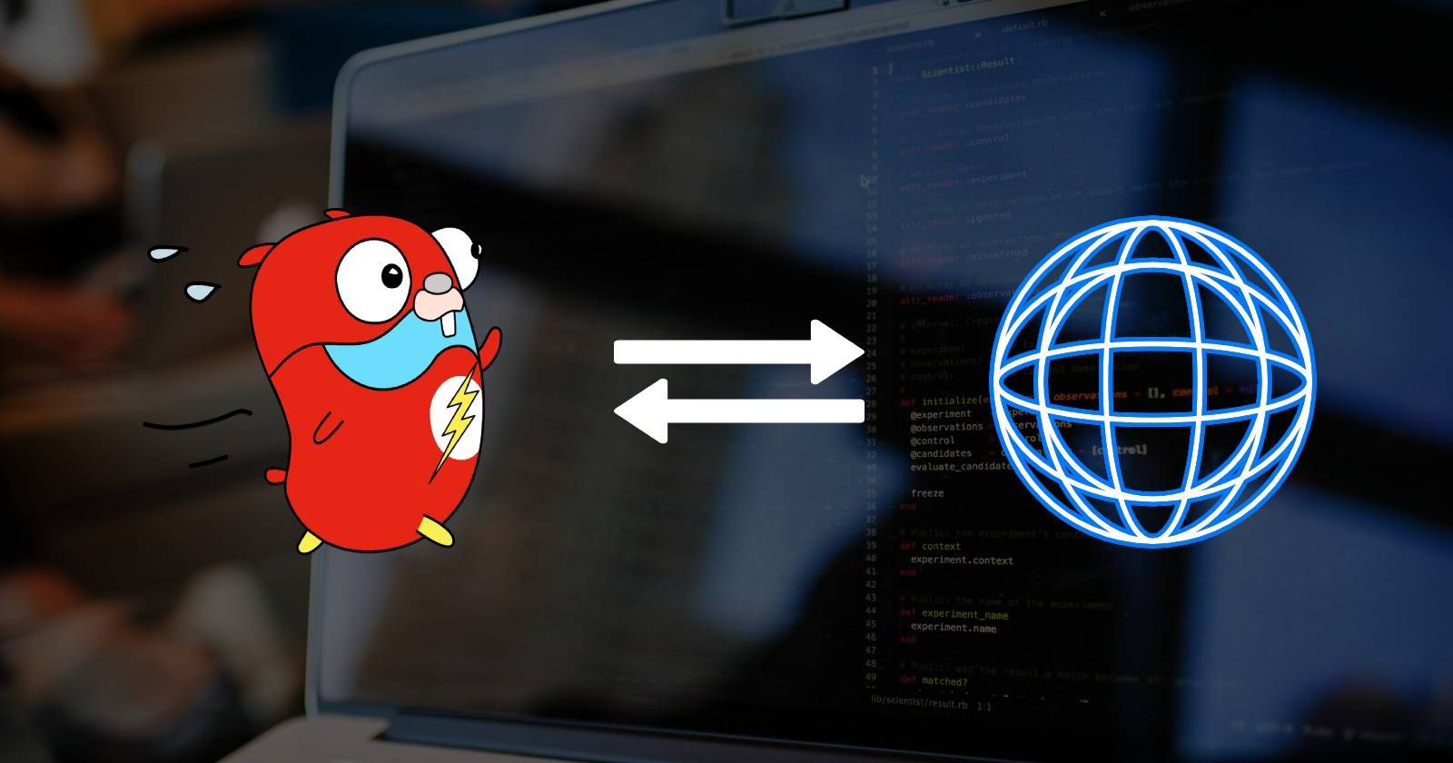 Иллюстрация: талисман языка Go (гофер) и значок глобуса с стрелками, показывающими передачу данных.