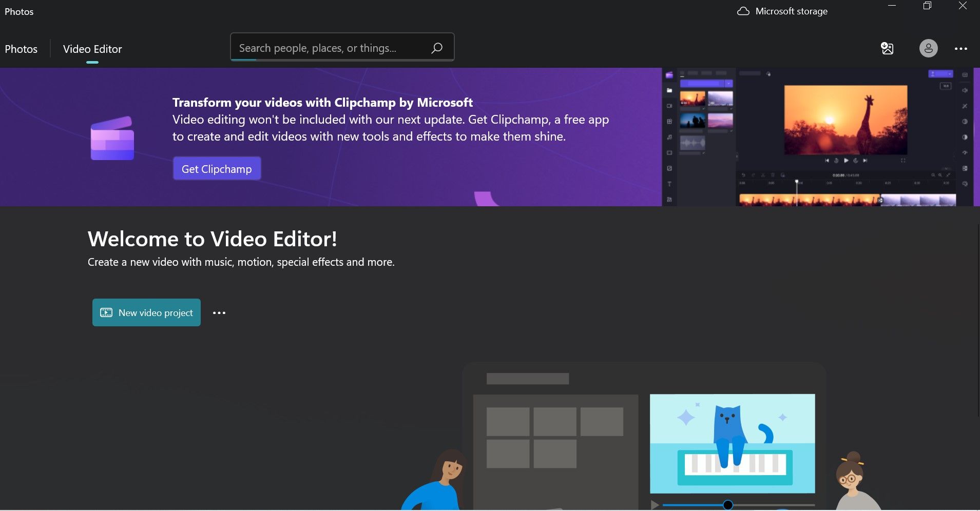 Главная страница приложения Video Editor в Windows 11