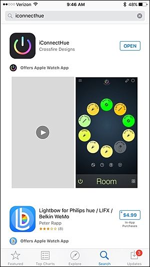 Экран установки iConnectHue — подключение Bridge
