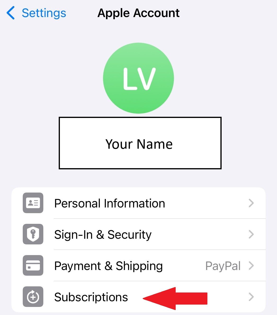 Экран настроек iPhone с ссылкой на раздел «Подписки»