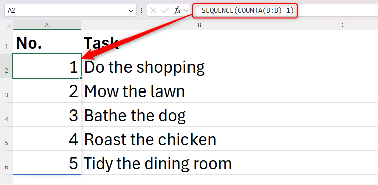 Автоматическая нумерация задач с помощью SEQUENCE и COUNTA.