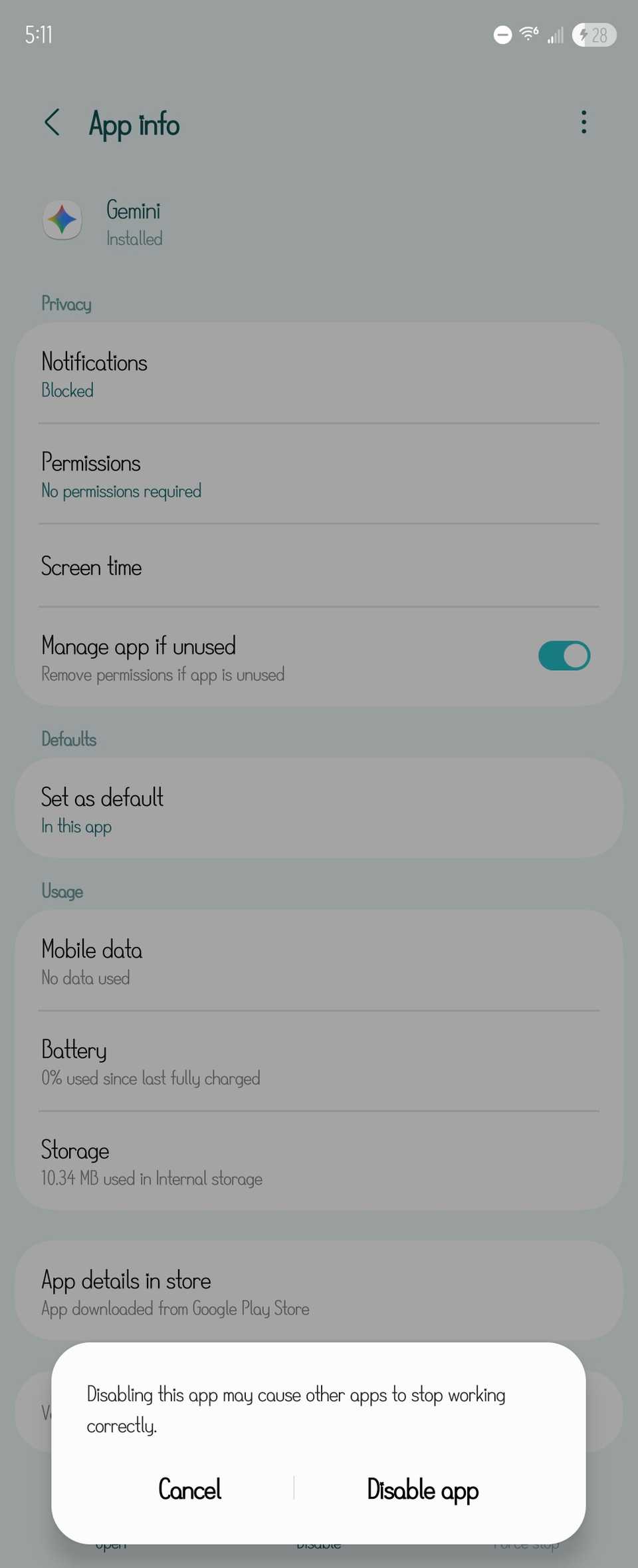 Предупреждающее всплывающее окно внизу страницы настроек приложения Gemini.