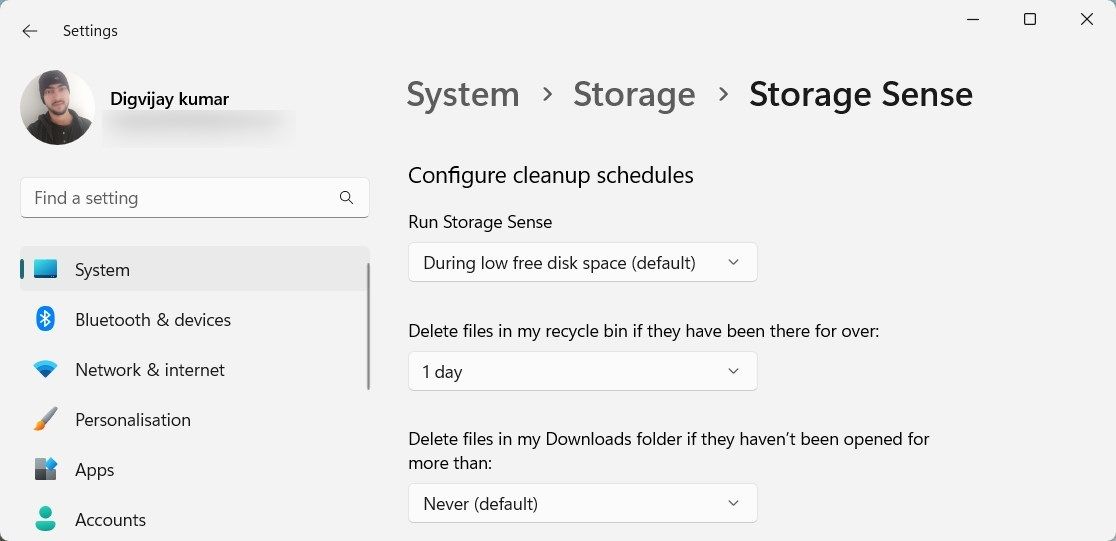 Настройка параметров Storage Sense