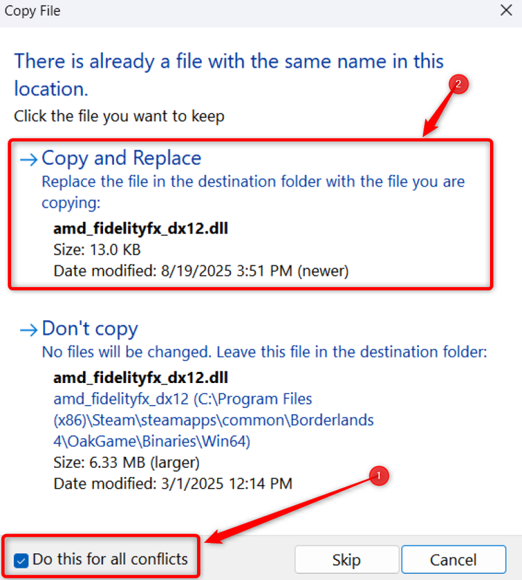 Уведомление Windows о замене файлов при распаковке архива OptiScaler в папку игры.