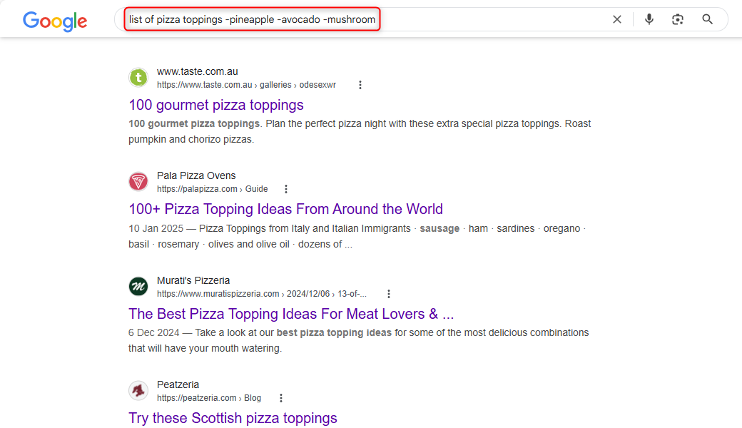 Результат поиска Google при исключении трёх слов
