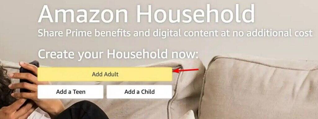 Capture d'écran de la page Ajouter un adulte dans Amazon Household