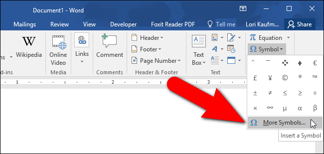 Кнопка Другие символы в Word