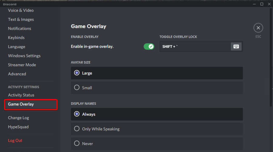 Раздел 'Игровой оверлей' в меню настроек Discord