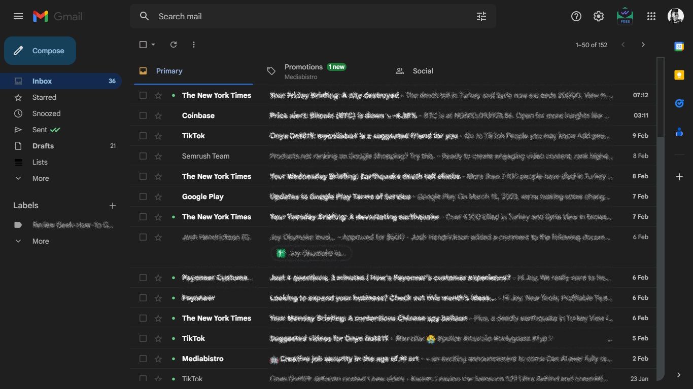 интерфейс Gmail без Chat, Meet и Spaces