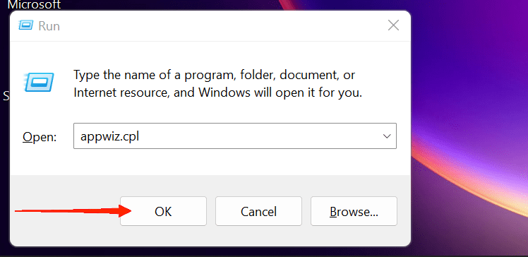 Введите appwiz.cpl и нажмите OK