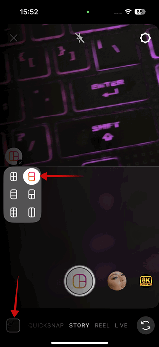 Выбор новой сетки в создании истории Instagram и заполнение из галереи