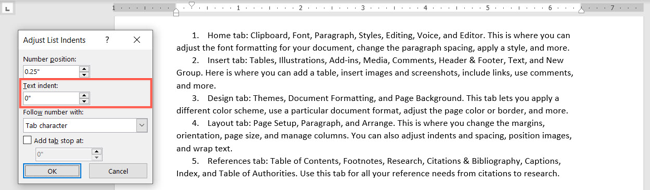 Настройка 'Отступ текста'