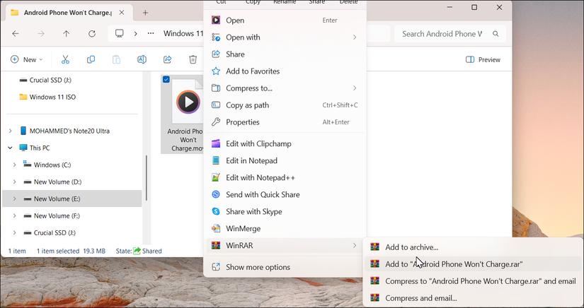 Контекстное меню Проводника с опцией WinRAR: Добавить в архив