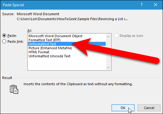 Диалог Paste Special с опцией Unformatted Text