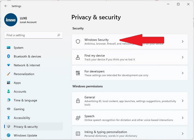 Voce Windows Security nelle impostazioni