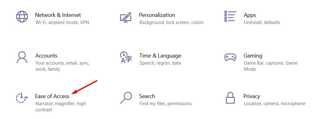 Параметр Ease of Access в Windows 10.
