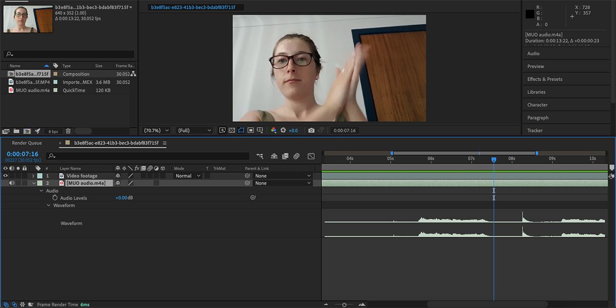 After Effects composition with unsynced audio waveforms.