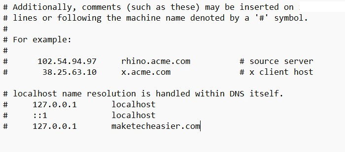 Комментарий и отключённые строки примера hosts