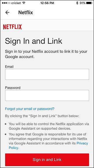 Форма входа в Netflix в приложении Google Home