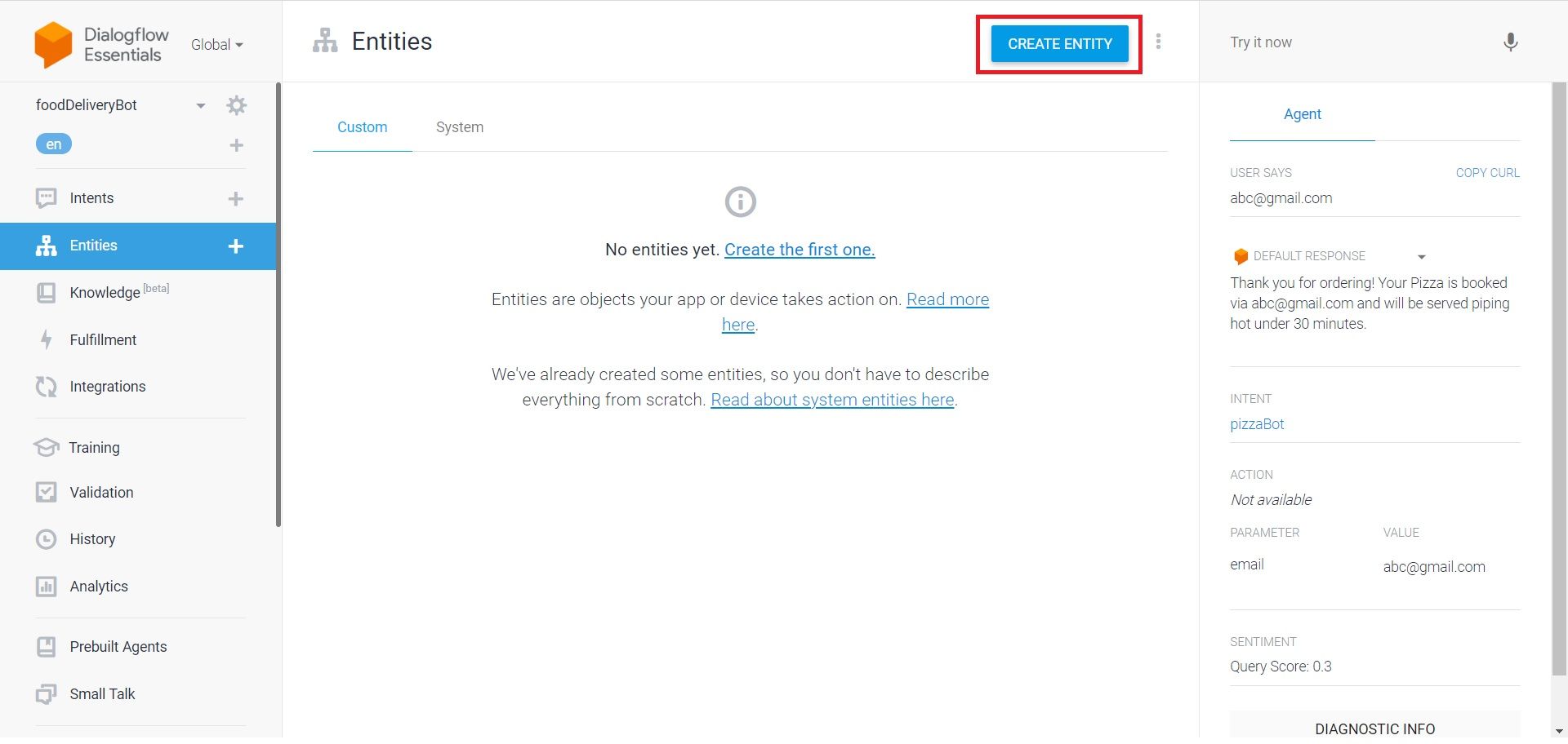 Creating entity to pizza bot