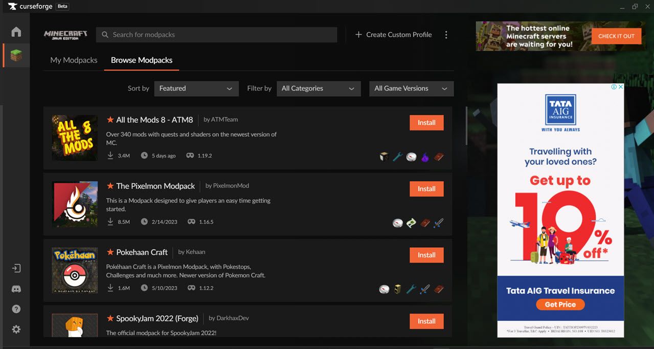 Скриншот приложения CurseForge с интерфейсом мод‑паков