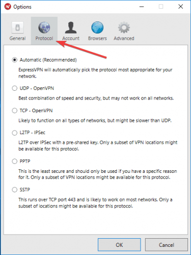 Выбор протокола в ExpressVPN