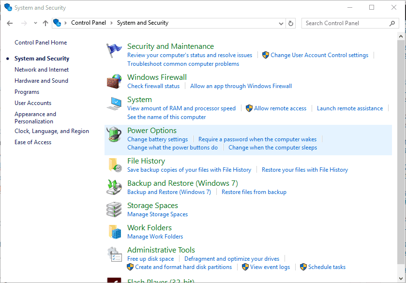 Параметры электропитания в Панели управления