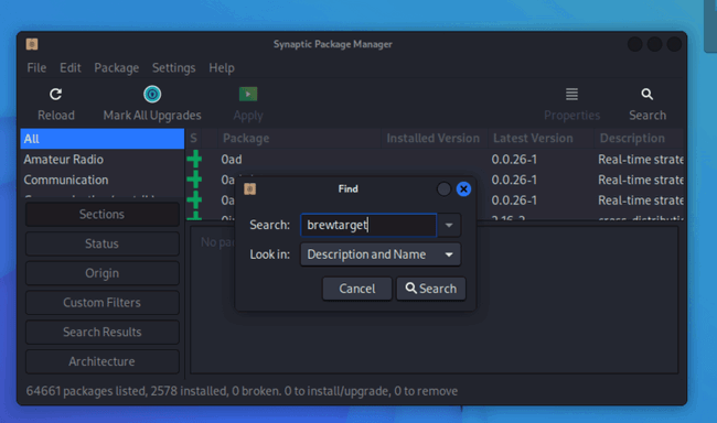 Поиск пакета BrewTarget в Synaptic