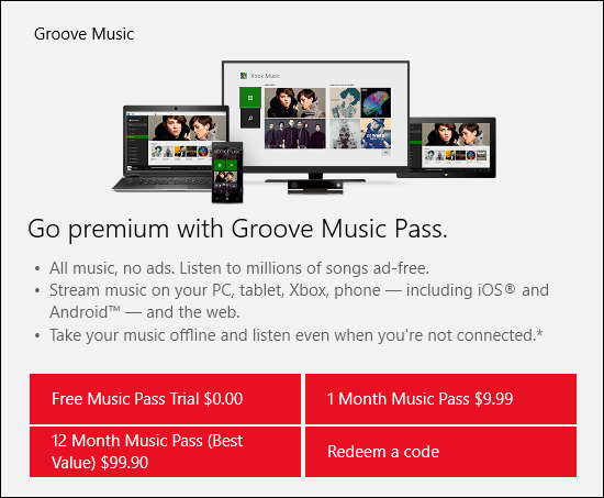Информация о подписке Groove Music Pass и вариантах потокового вещания