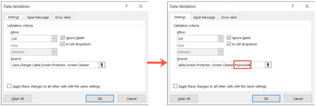 Обновлённый список в Проверке данных