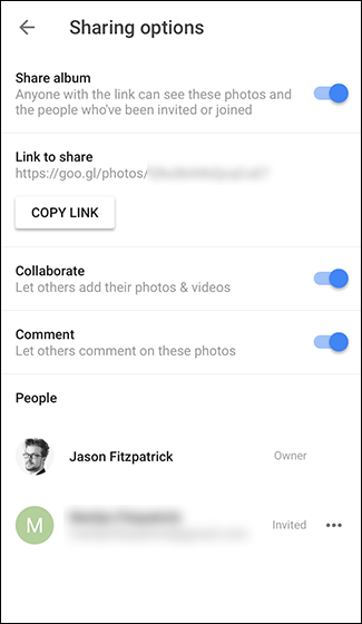 Подтверждение отключения общего доступа к альбому