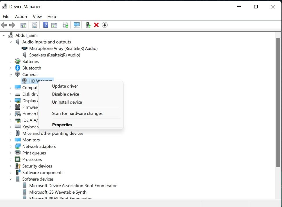 Список устройств камеры в Диспетчере устройств