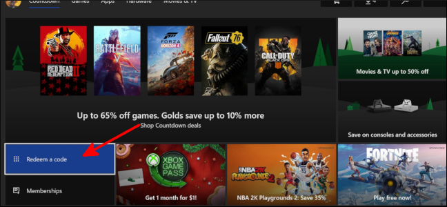 Меню Microsoft Store с опцией Redeem a code