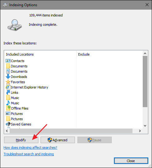 Окно 'Изменение индексируемых мест' — список дисков и папок