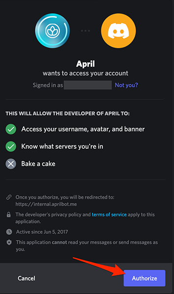 Подтвердите доступ к учётной записи Discord для привязки бота