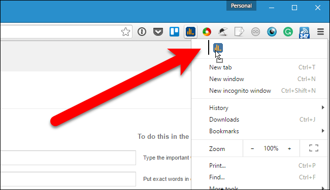 Перетаскивание иконки расширения в меню Chrome для её скрытия