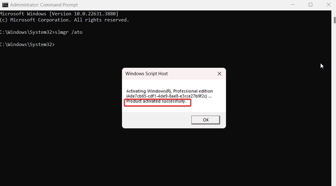 Подтверждение: продукт успешно активирован