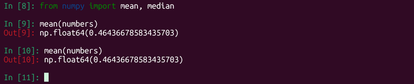 Импорт функций mean и median из NumPy в интерактивной сессии.