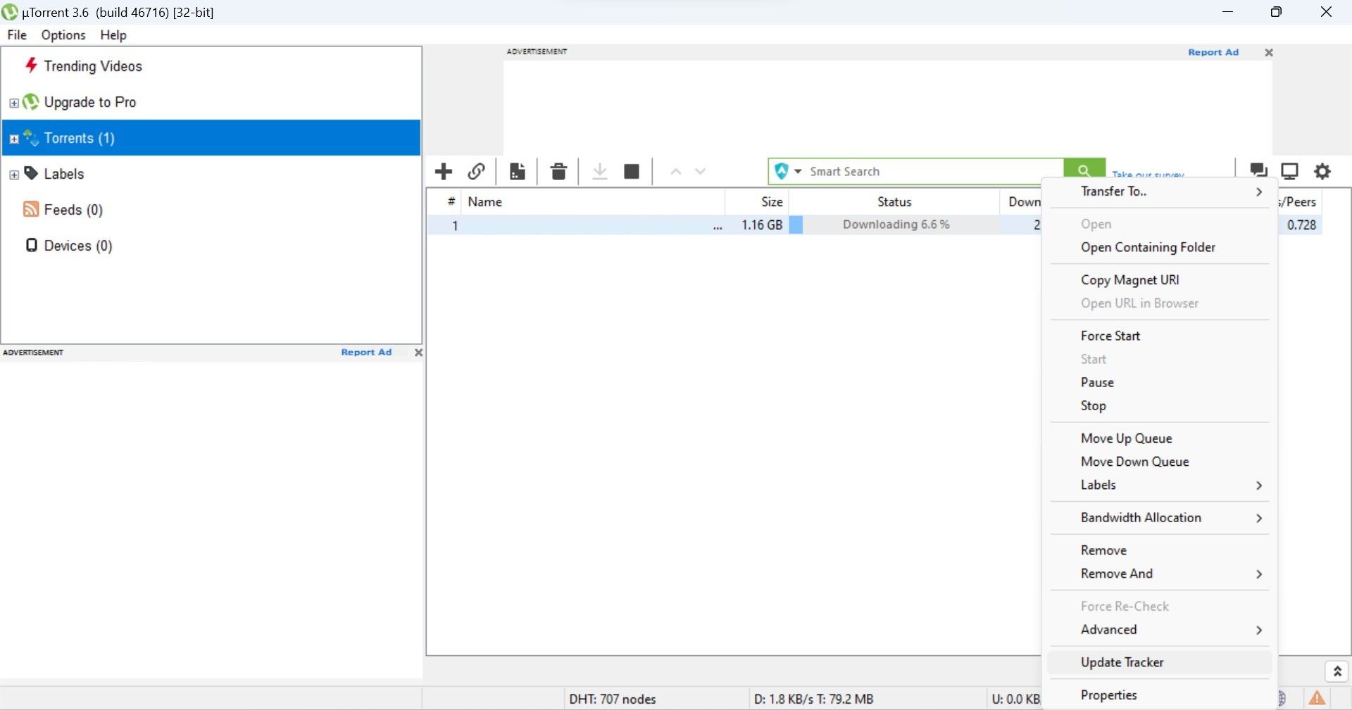 Обновление трекера через правый клик по торенту