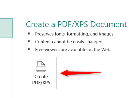 Кнопка «Создать PDF/XPS» в меню экспорта
