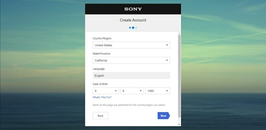 Выбор страны в форме регистрации PSN