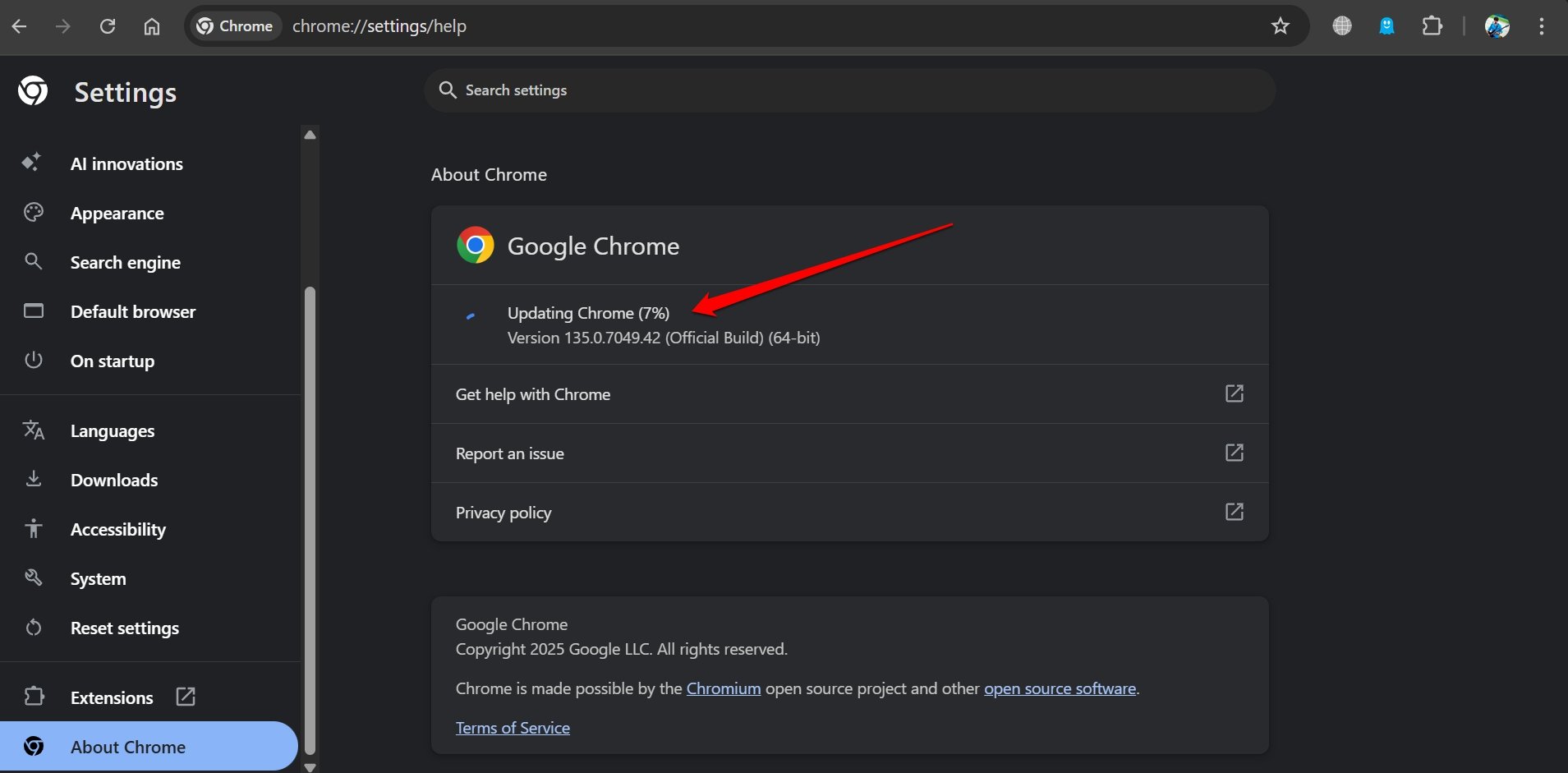 Просмотр версии Chrome в настройках