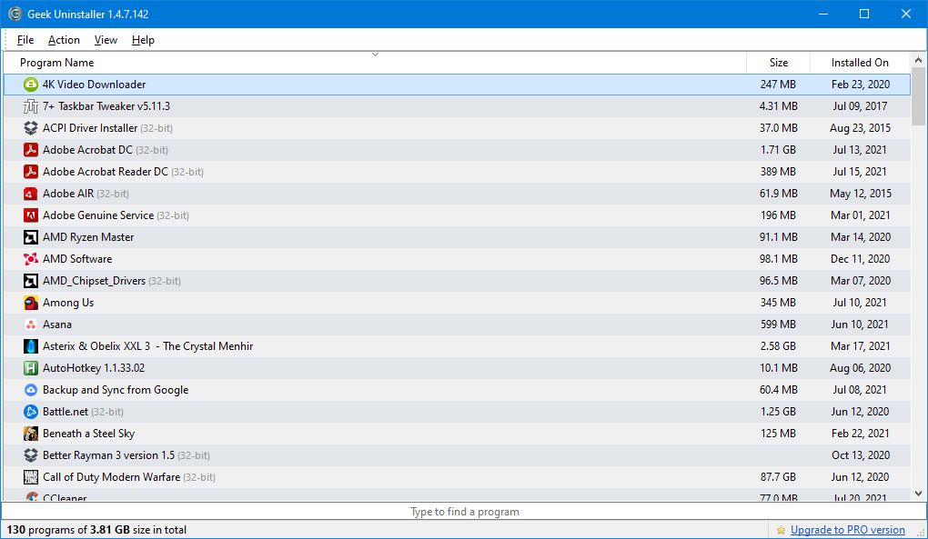 основное окно Geek Uninstaller с перечнем программ