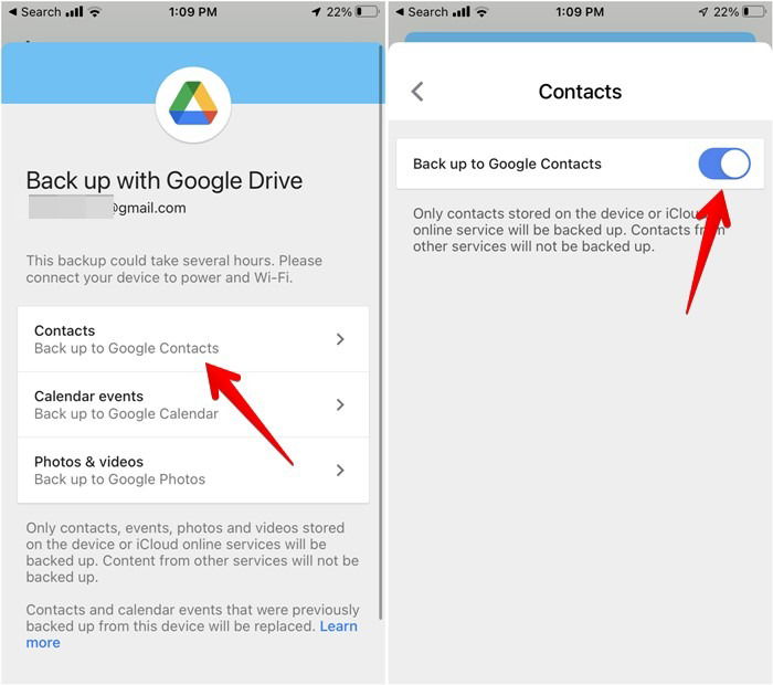 Включение резервного копирования контактов в Google Drive на iPhone