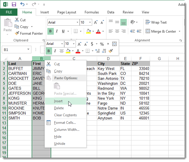 Вставка пустого столбца после столбца фамилий