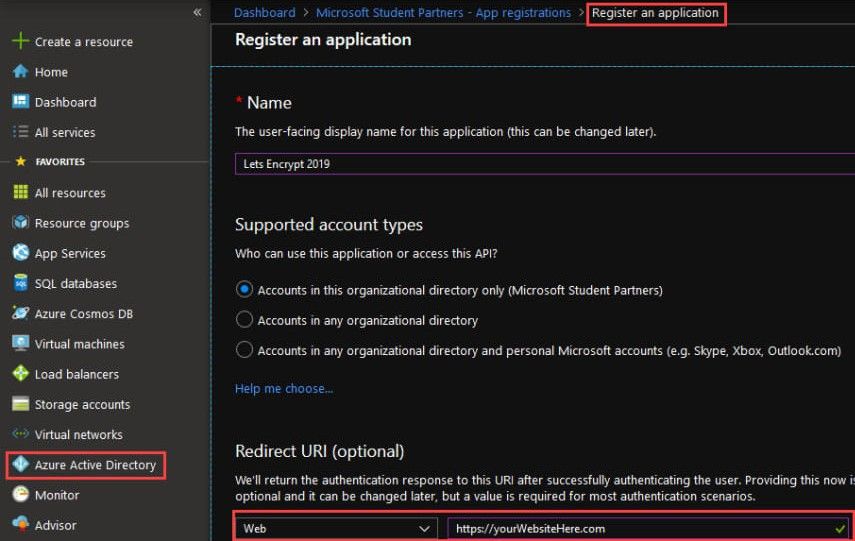 Создание нового приложения в App Registrations.
