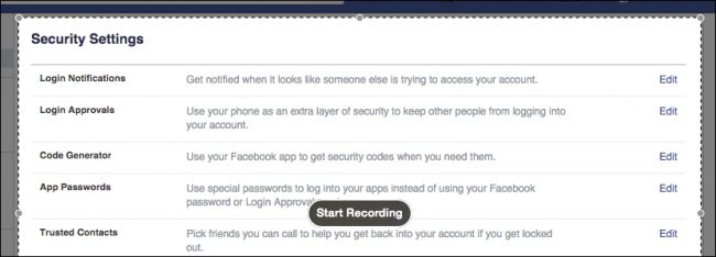 Выбор области записи или полный экран, кнопка Start Recording